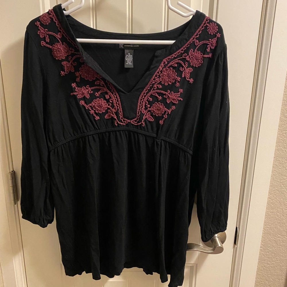 INC International Concepts XL Top Black Purple Embroidery Blouse V-neck Shirt